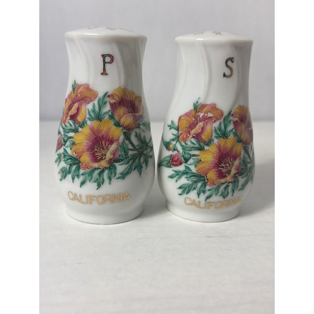 Vintage California Poppy Salt and Pepper Shakers White Ceramic Floral Souvenir